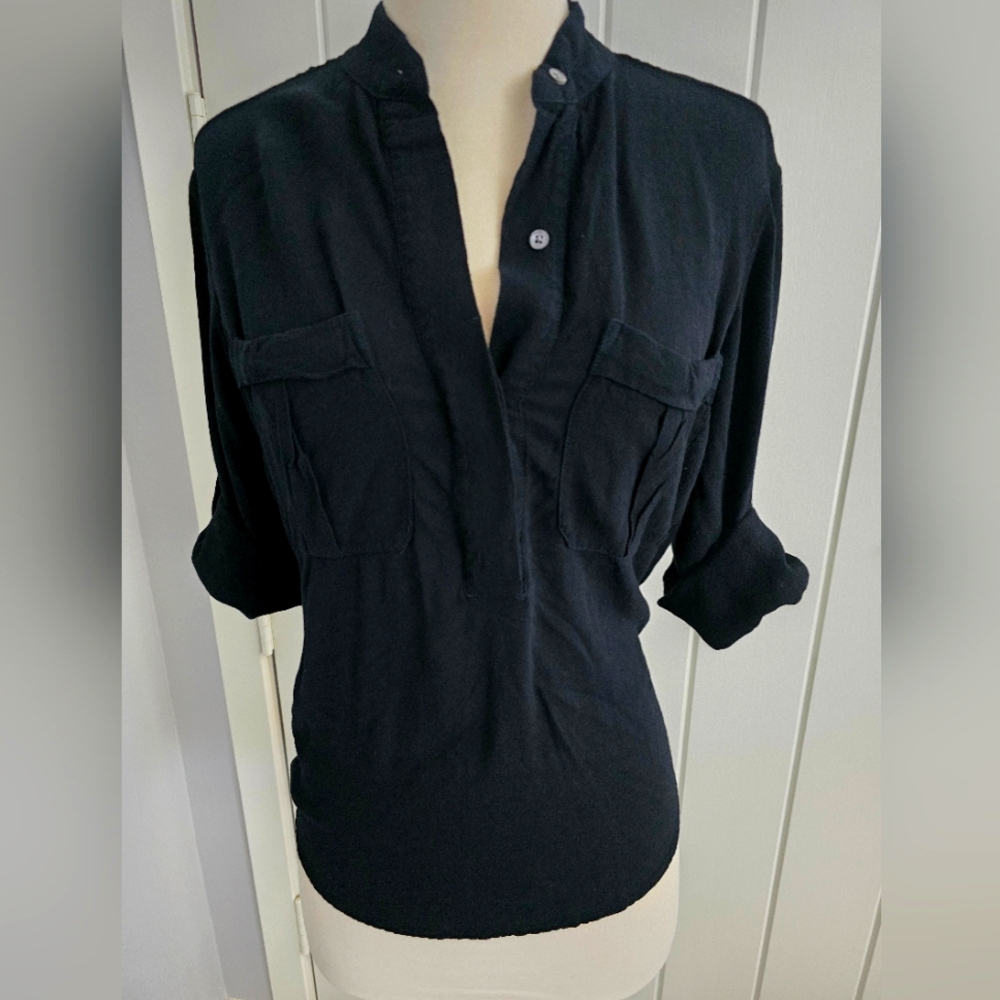 James Perse Black Pull On Half Placket Utility Shirt 0 XS